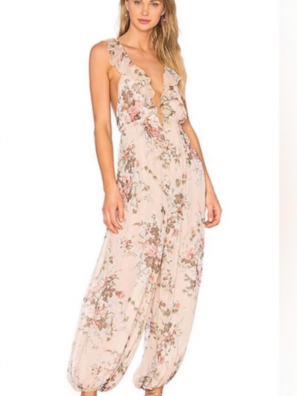 Zimmermann Blush Floral Ruffle V-Neck Jumpsuit
